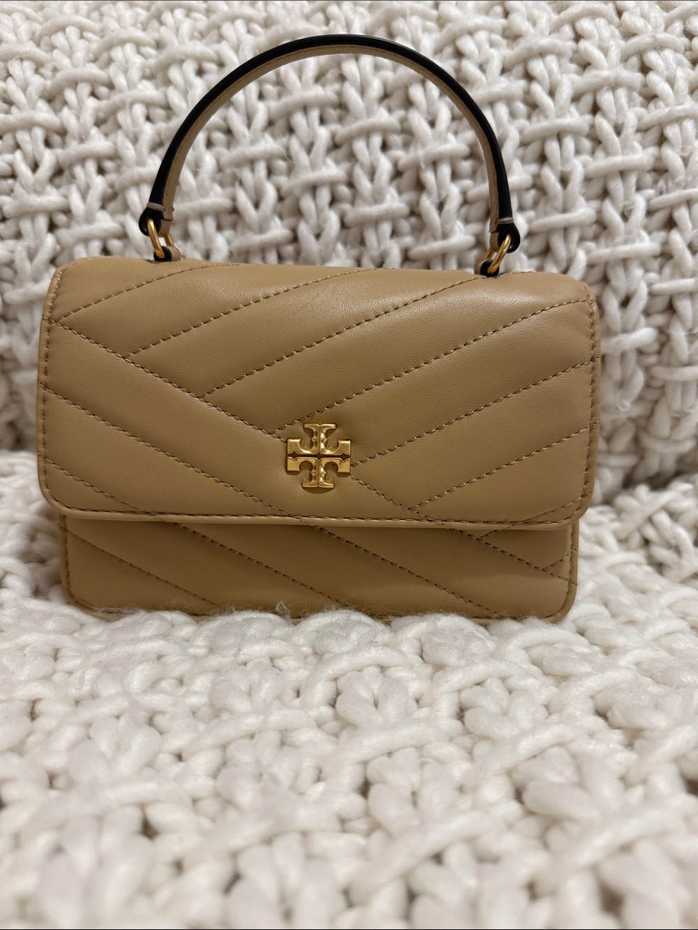 Tory Burch Beige Quilted Mini Top-Handle Bag with Gold Logo